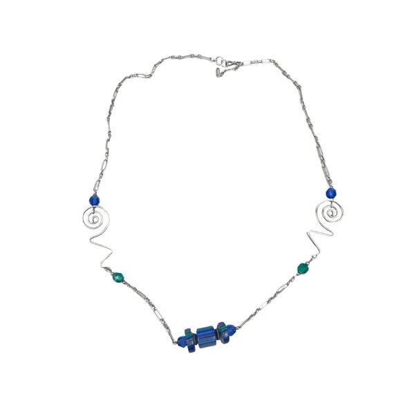 Handcrafted Silver Necklace With Artistic Wire Art Glass Beaded Accents - Picture 2 of 8